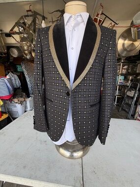 Men's Black Patterned Blazer with Gold Trim